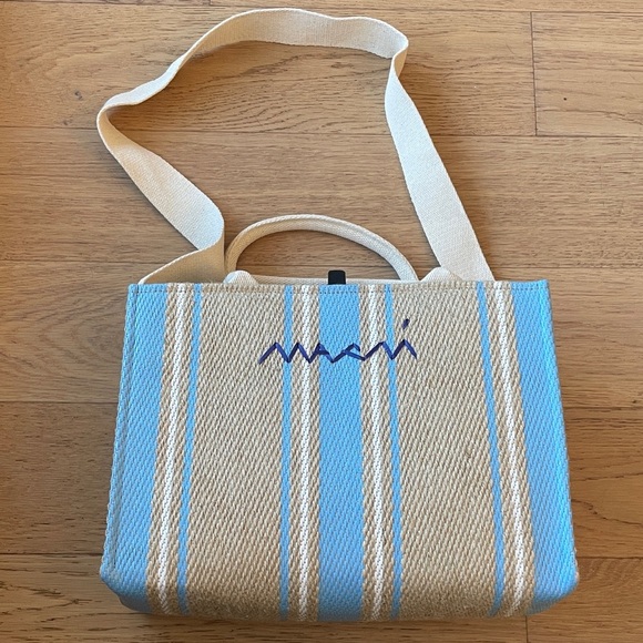 Marni Handbags - Marni Striped Raffia Tote Beige Blue Woven Crossbody Summer Bag Designer Tote